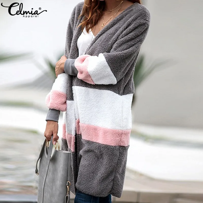 Beste Celmia Winter Vrouwen Vest Jas Patchwork Faux Fur Jas Lange Mouw Gemengde Kleur Uitloper Zakken Jacket Casual Losse Overjassen