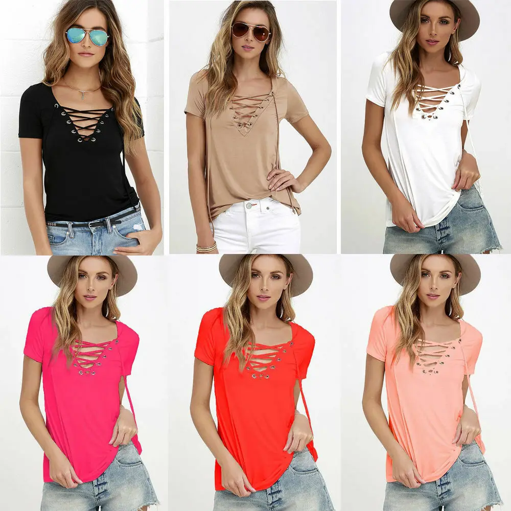 

6 Colors Trendy T-Shirt V-neck Criss Cross Women T Shirt Summer Style Short Sleeve Tops Hollow Out Top femme top tee tshirt
