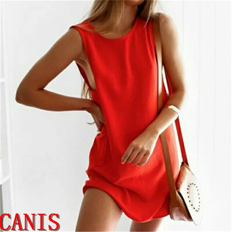 Women Dress 2019 New Arrival Solid Color Sleeveless Summer Dress O neck Casual Loose Mini Dresses Vestidos Sundress Clothings
