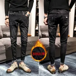Осень и зима новый бутик Мужская мода брюки простые повседневные джинсы молодежи дикий теплый сплошной цвет свободные большие размеры