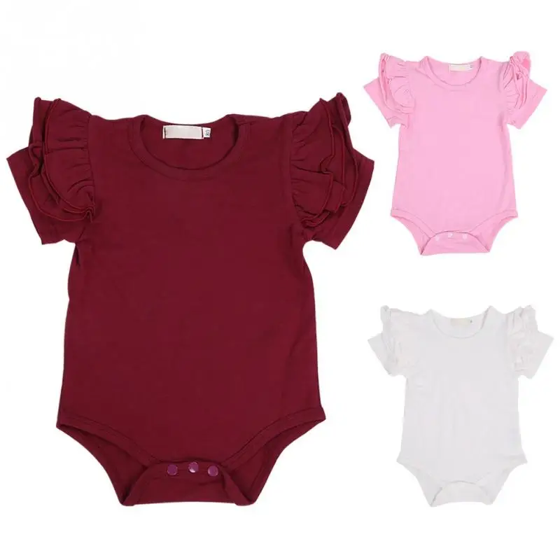 Unisex Cute Baby Jumpsuit Solid Color Lace Short Sleeve Cotton Summer