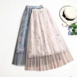 Женская летняя одежда 2019 г. юбка до середины икры с вышивкой с высокой талией трапециевидная юбка фея марля Длинная юбка из фатина