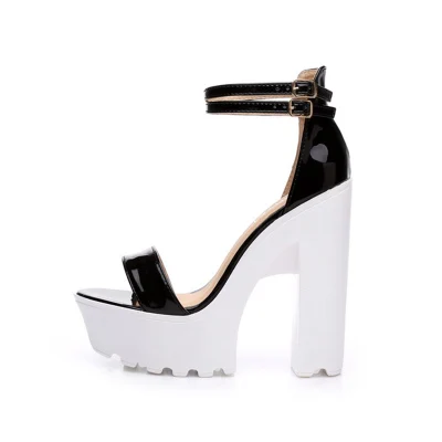 

Hot Selling Women Black Patent Mirror Leather Platform Sandals Summer Fashion Ankle Buckle Strap 15cm Sky High Chunky Heel Shoes