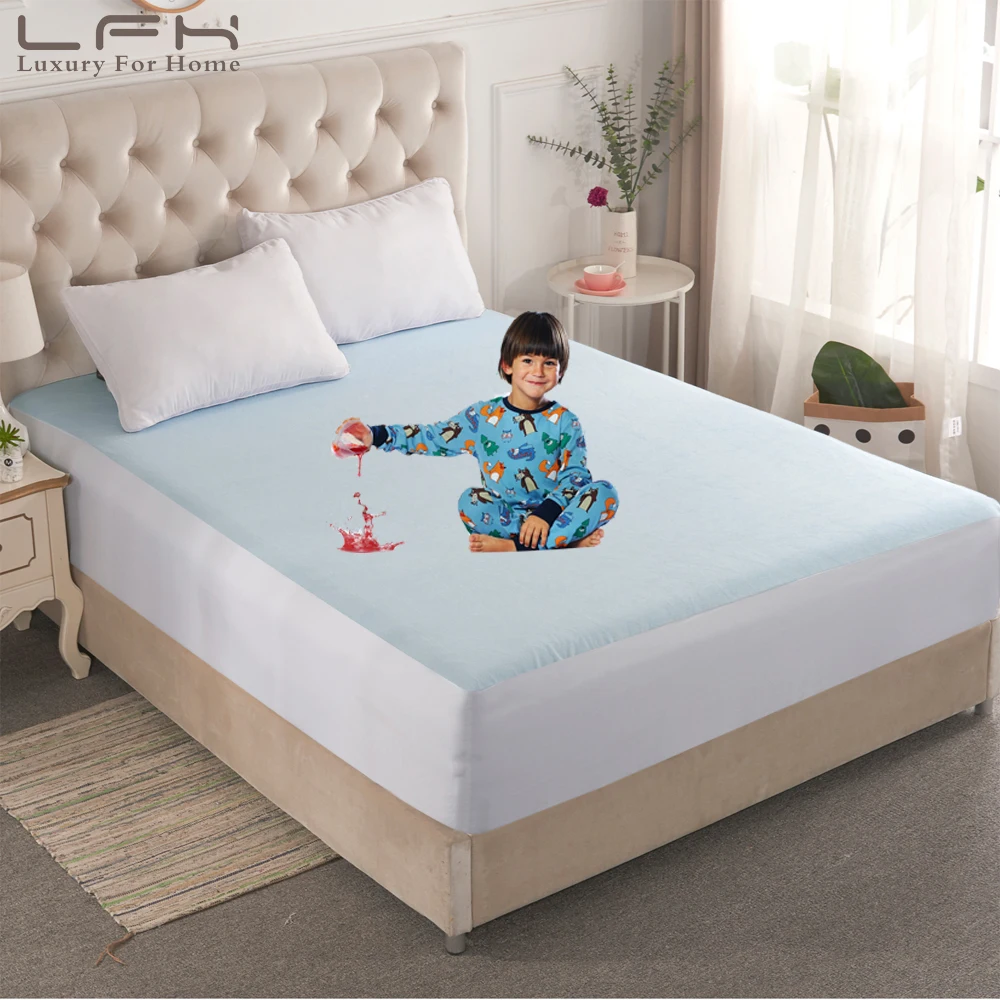 LFH ALL Size Light Blue Terry Mattress Pad Cover Waterproof Bed