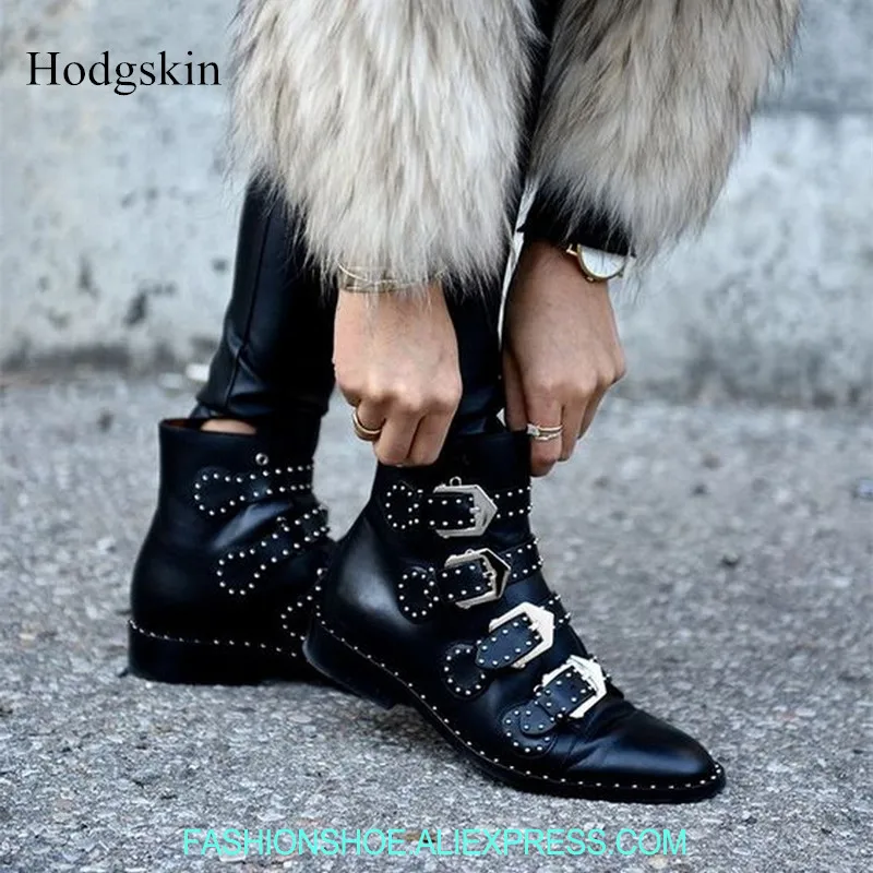 

Spring Punk Style Metal Buckles Studded Women Ankle Boots Black Leather Motorcycle Boots Fashion Studs Embellished Botas Mujer