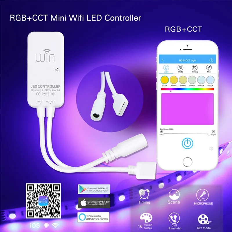 

CLAITE LED Controller 6Pin 6A RGB+CCT WiFi Timing Dimmer Strip Light Controller Work With Alexa Voice Control DC9-24V