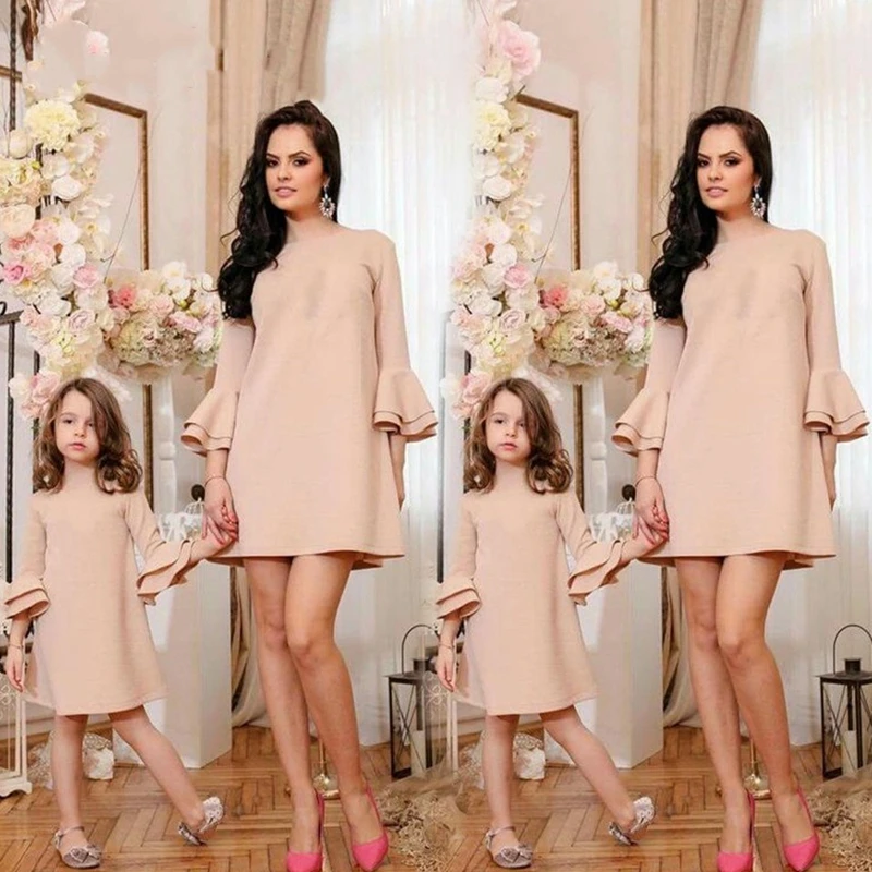 

Mother Daughter Family Matching Fashion Long Sleeve Ruffles Solid Tutu Dress Evening Party Mini Dresses Women Baby Girls Clothes