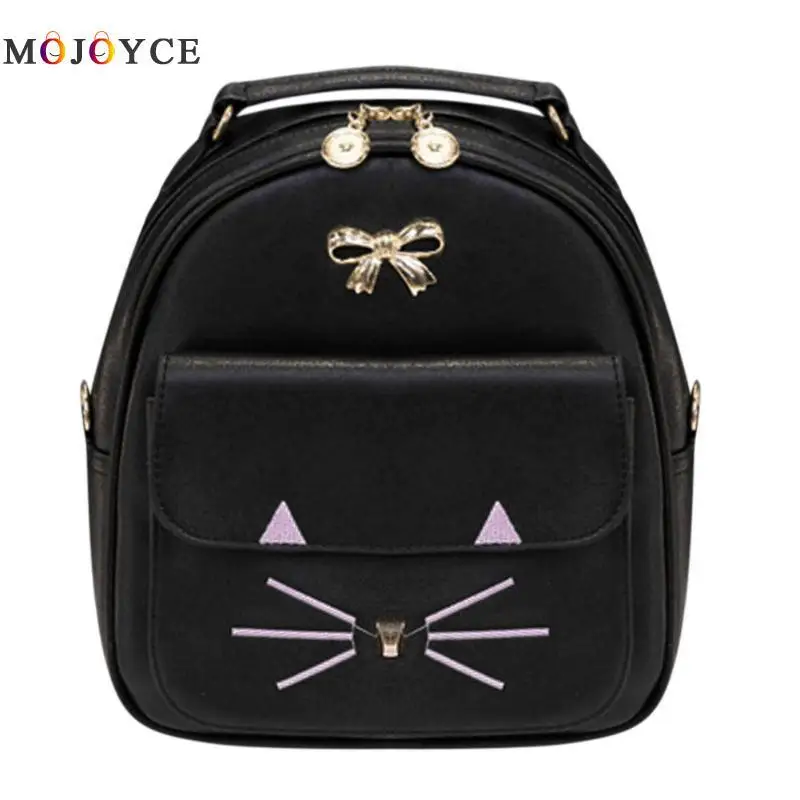 Cute Cat Face Bowknot Women PU Leather Backpacks Casual Mini Shoulder Travel Bag Teenager School Backpack Mochila Feminina