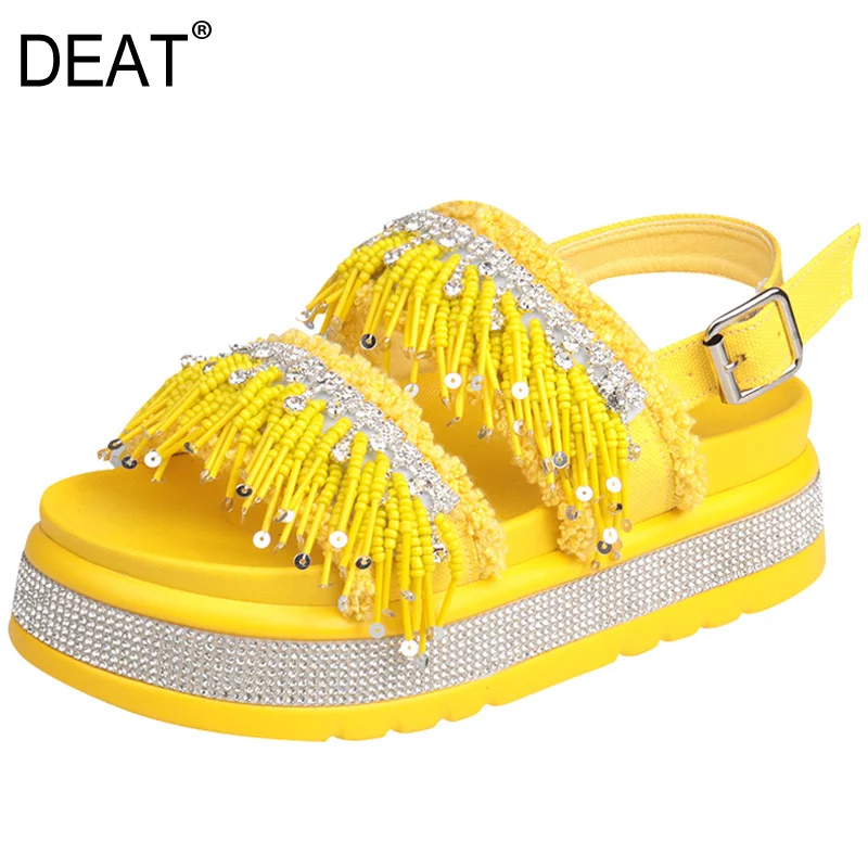 

[DEAT] 2019 New Spring Summer Round Toe Denim Cloth Buckle Strap Crystal Fringe Wedges Heels Sandals Women Fashion Tide 10A557
