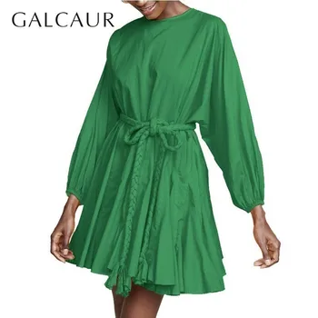 

GALCAUR Spring Loose Beach Dress For Women O Neck Lantern Sleeve High Waist Bandage Pleated Dresses Female 2020 Fashion Tide