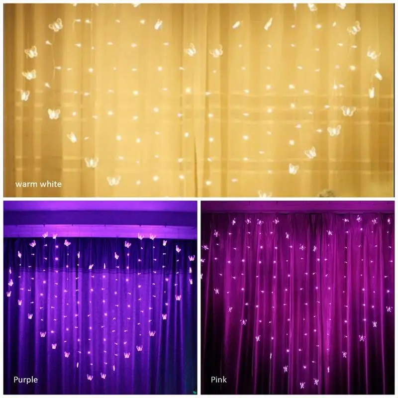 

2x1.5m Heart icicle curtain light 128 LED holiday Christmas lights 34 butterfly LED string lights fairy Wedding decoration
