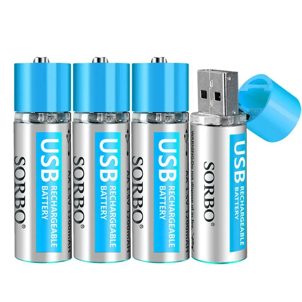 

USB Rechargeable AA Lithium Batteries - Li-ion Battery Cell - 1.5V / 1200mAH (4-Pack) - Not NI-MH/NI-CD/Alkaline Batteries - E