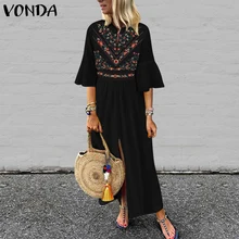 VONDA богемное женское принтованное платье Сексуальное Платье макси с v-образным вырезом и рукавами с оборками винтажное повседневное свободное белое платье размера плюс