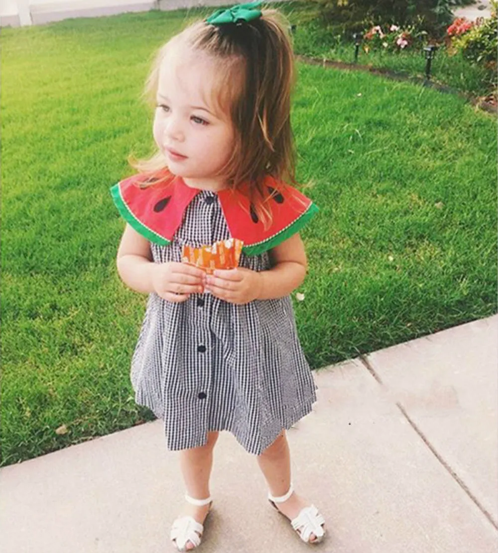 Kid Baby Girl Watermelon Collar Plaid Dress Party Wedding Pageant Princess Dresses Sundress Summer Girl Clothes