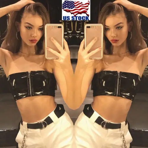 

Fashion USA Women Sexy PU Leather Bustier Bra Wrapped Chest Crop Top Zipper Vest