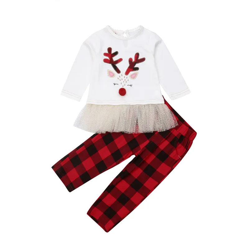 Emmaaby/детская Рождественская одежда платье с оленем для маленьких девочек футболка+ штаны; комплект одежды из 2 предметов; хлопковая Рождественская одежда