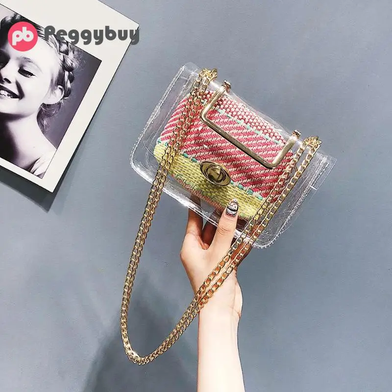 

Women Retro Fashion Transparent PVC Small Flap Messenger Composite Bag Lady Weave Chain Casual Summer Crossbody Bags For Girls