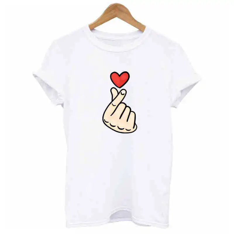 

2019 New Summer T-shirt Female Short-sleeved Large Size Fat Mm Large Size Explosion Models Fingers Than Heart Pattern Casual