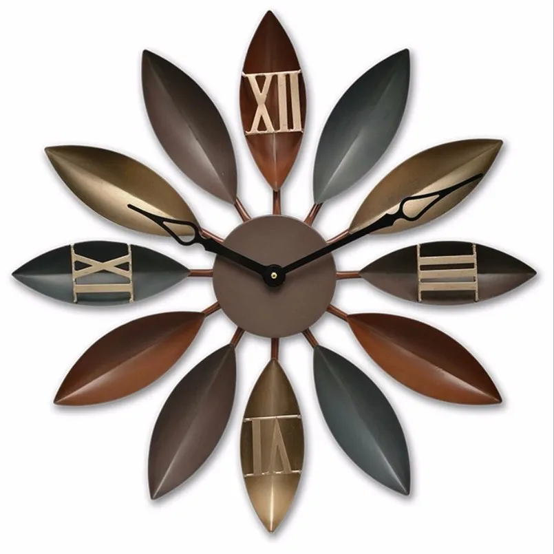 

New Large Wall Clock Vintage Leaf Wall Hanging Decoration Clock Loft Industrial Style Wrought Iron Big Clock Mute For Home Decor