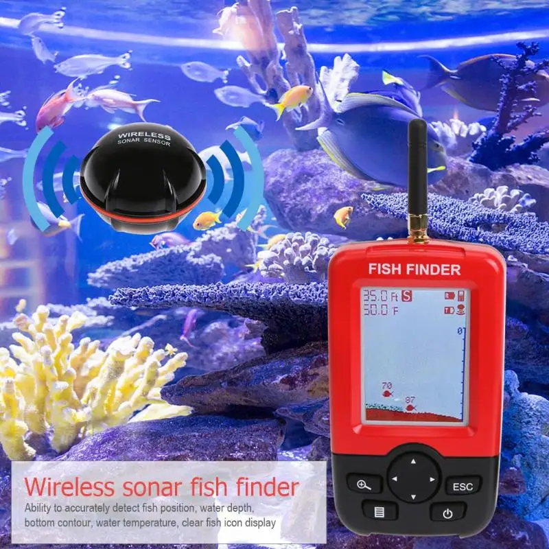 صياد السمك مع شاشة الكريستال السائل اللاسلكية السونار محول صدى ساوندرز Fishfinder عمق محدد المحيط قارب إنذار الأسماك كاشف جديد