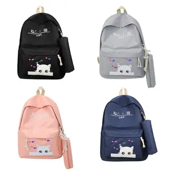 

2pcs/set Cat Letter Print Oxford cloth Backpacks Women Travel Shoulder Teenager School Backpack with Pencil Bags