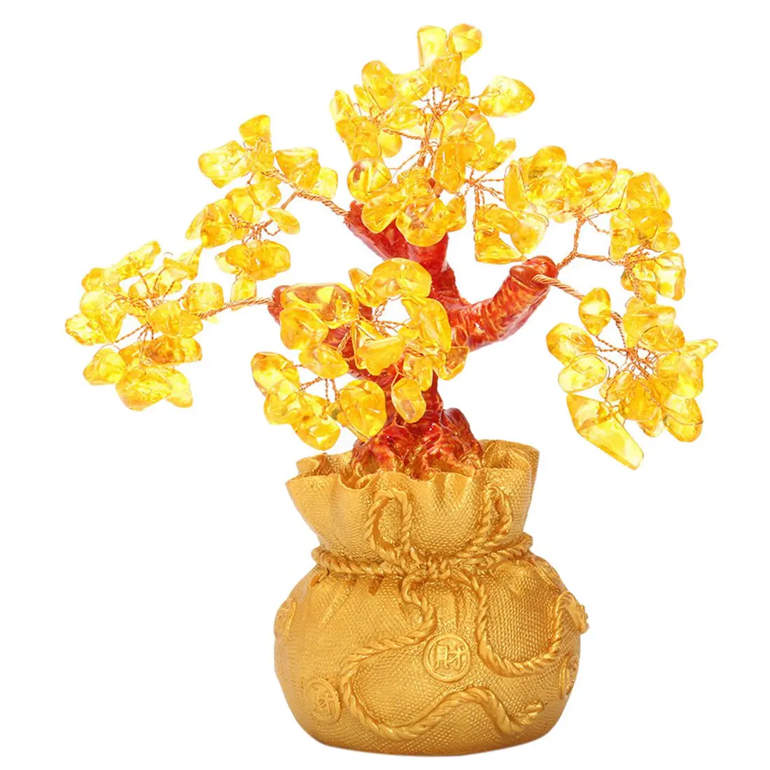 

Feng Shui Wealth Lucky Citrine Crystal Gem Money Coins Tree in Money Bag Decor