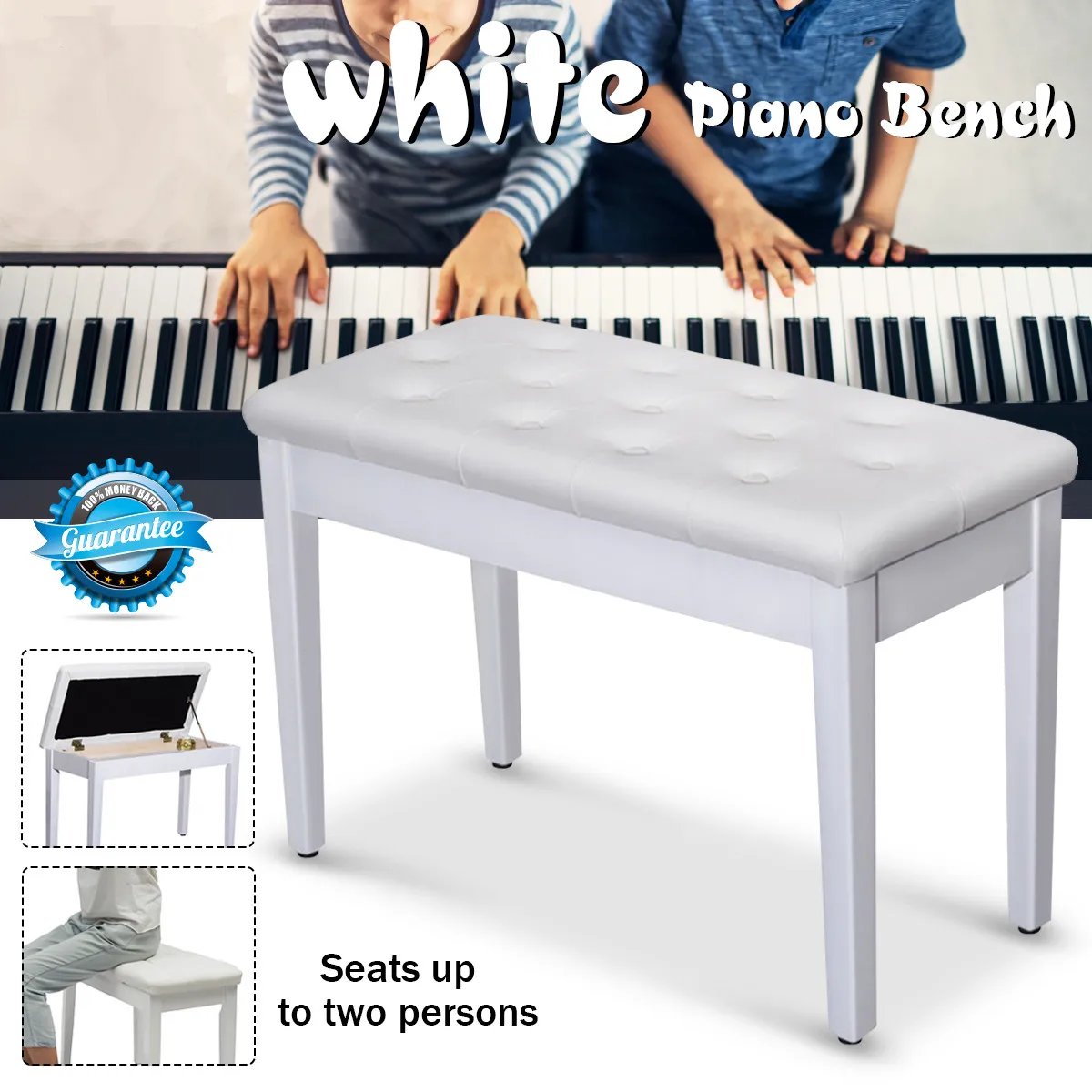 

White Ebony Wood Leather Piano Chair Padded Piano Seat Bar Chairs Storage Double Duet Leather Wood Piano Stool Chair
