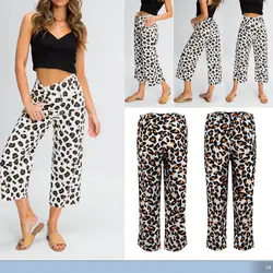 Новая мода Великобритании Для женщин Свободные Высокая талия леопардовые штаны широкие брюки Повседневное брюк S-XL