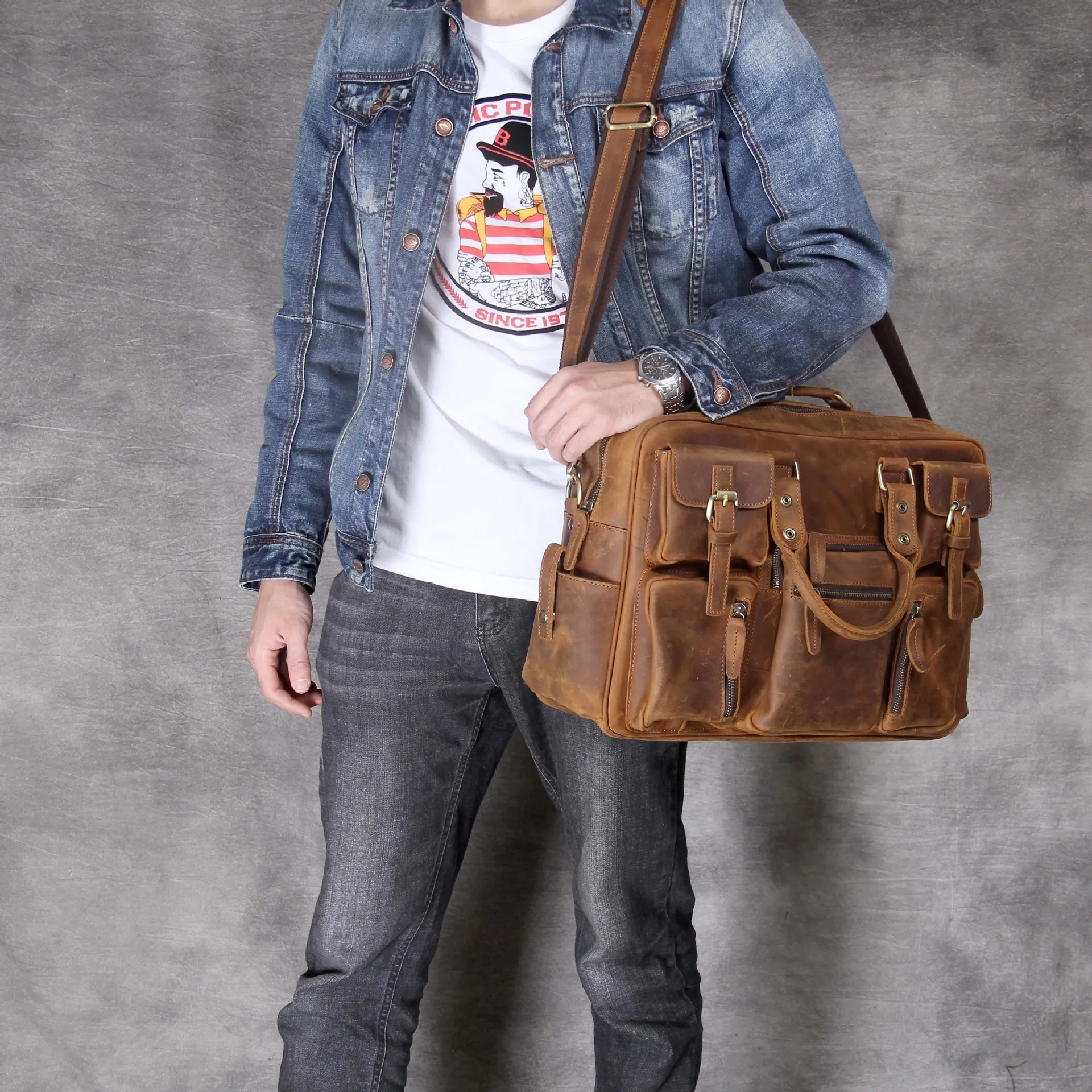 

Multifunction Crazy horse Genuine Leather Men Briefcase Laptop business Bag tote Vintage Male Big tote Bag Travel Duffel