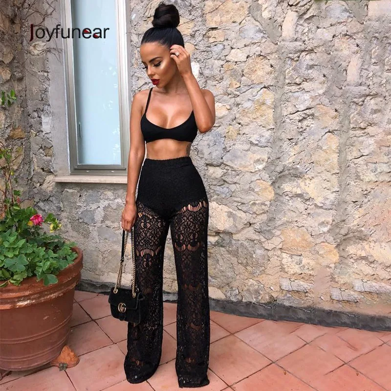 

Joyfunear 2019 Black Summer Lace Two Piece Set Women Clubwear Party 2 Piece Set Tank Tops Hollow Out Pants Women's Suit 2 PC Set