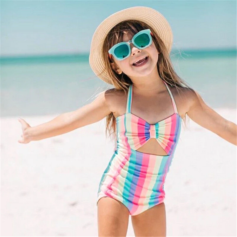 

Girls Rainbow Stripe Swimsuit 2019 Summer Kids Baby Halter One Pieve Swimwear Bathing Suit Beachwear Brazilian Bikinis For Girls