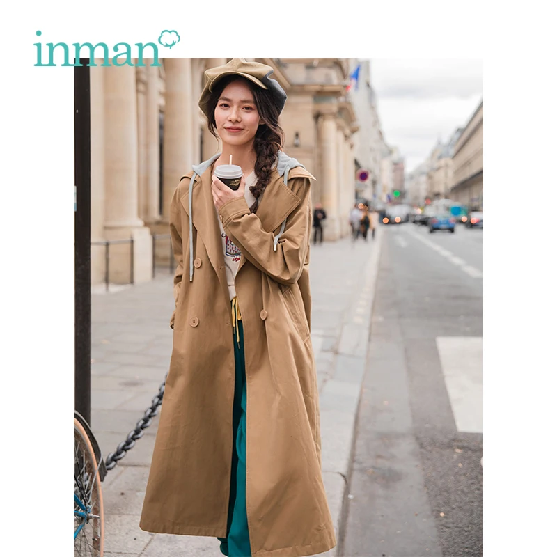 

INMAN Autumn Hooded Warm Retro Casual All Matched Fake Two Pieces Loose Long Sleeves Women Long Coat