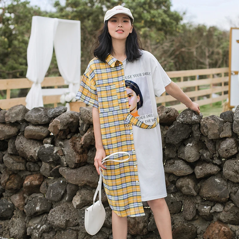 

LANMREM 2019 Summer Contrast Color Plaid Patchwork Design Personality False Two Pieces T-shirt For Women Short Sleeve Tops YG934