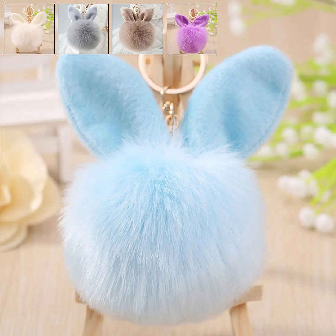 

Cute big bunny Rabbit Ears Fur pompom Keychain Fluffy faux leather Ball handBag Pendant Artificial Pom pom key chain porte clef