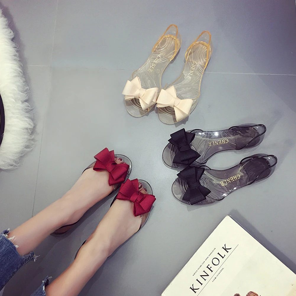 

Lady transparent crystal jelly beach sandals woman flats shoes fish mouth bow women summer shoes