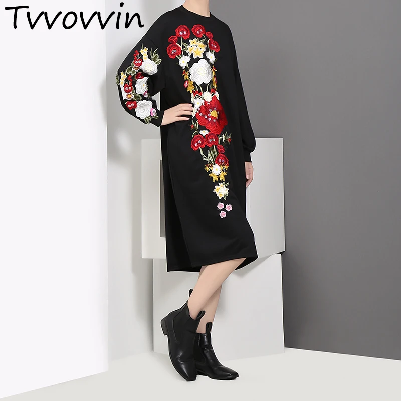 

TVVOVVIN 2019 Spring Clothing for Women Embroidery Dress Vestido De Festa Long Sleeve Black Casual Dresses Large Sizes W098