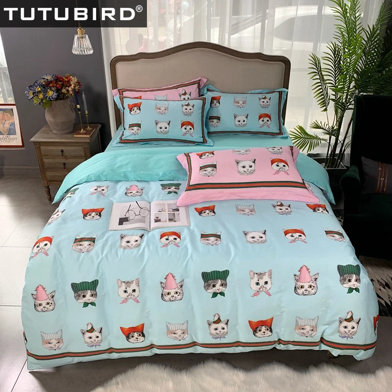 

100% Luxury Egyptian cotton kids cartoon duvet cover blue cute cat print bedding set with duvet cover bedlinen 2 pillowcases