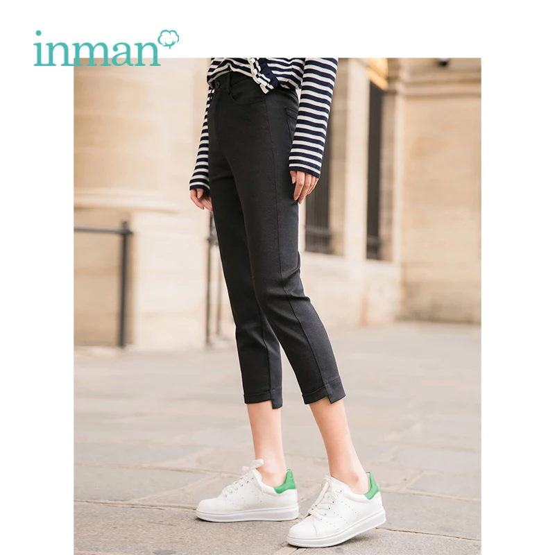 

INMAN 2019 Spring New Arrival High Waist Slim All Matched Irregular Basic Women Three Quater Casual Pants