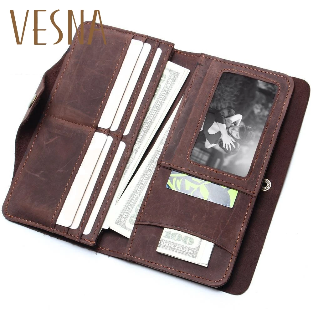 

Vesna Long Wallet Real Crazy Horse Leather Long Wallets For Men Money Clip Pursetravel Wallet Combination Price Men's Wallet