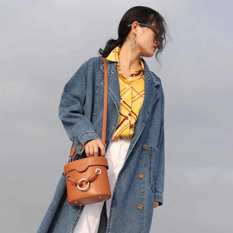

[Super Seabob] 2019 Spring New Woman Stylish Brown Black Color Single Strap PU Leather Bucket Shape Shoulder Bag All Match LI801