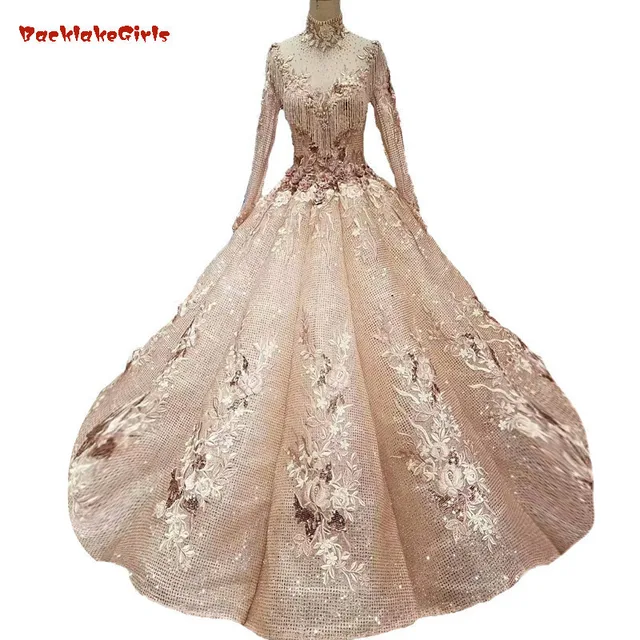 2018 Arabic Dubai Gold Champagne Grid Yarn High Neck Bridal Gowns