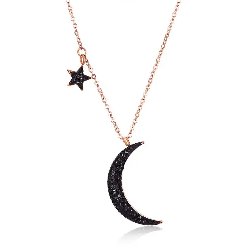 Jiayiqi Black Star & Moon Titanium steel Pendant Necklace For Women Rose Golden Fashion New Jewelry