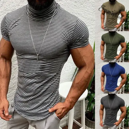 

Men T-Shirts Fashion Muscle Fitness Pleated Short Sleeve Tops Striped High Neck Summer Slim Fit T-Shirt