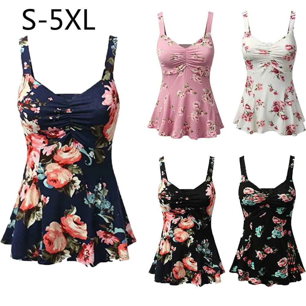 2019 الصيف عارضة بلوزة قمصان بلا أكمام الأزهار فضفاضة زائد حجم قميص قمم Blusas Femininas S-5XL