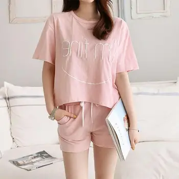 

MISSKY Women Summer Pajama Sets Letter Printing Lovely Casual Large Size Sports Short Sleeve Home Suit Female Clothes