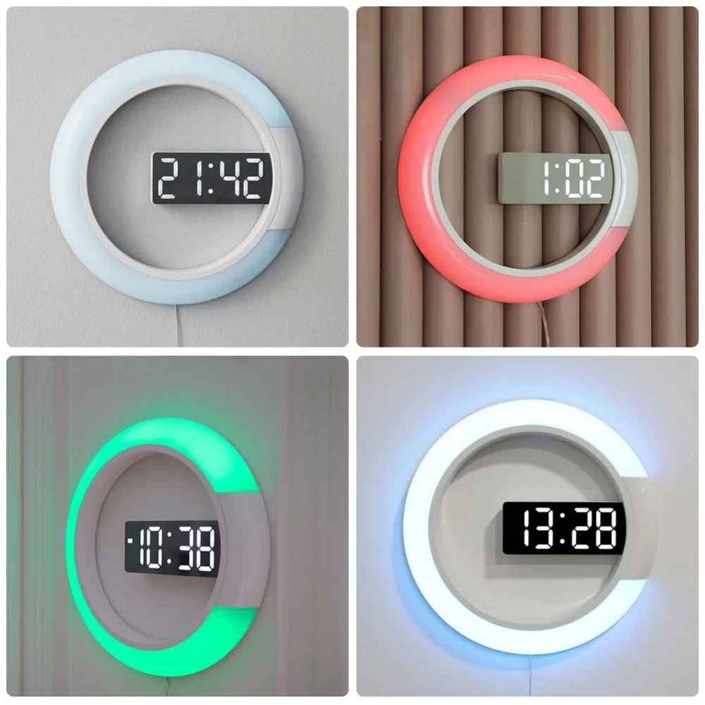 Espejo de LED hueco Relojes de pared hogar Decoración Multi-función de alarma de temperatura anillo de luz 4 colores Reloj de pared Digital Espejo de LED hueco Relojes de pared hogar Decoración Multi-función de alarma de temperatura anillo de luz 4 colores Reloj de pared Digital