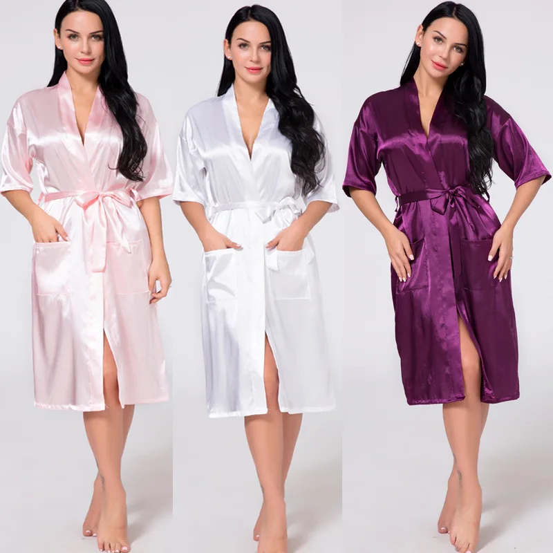 

Summer Solid Color Silk Bathrobe Kimono Cardigan Long-style with Half Sleeve Women Home Wear Satin Robe for 2019