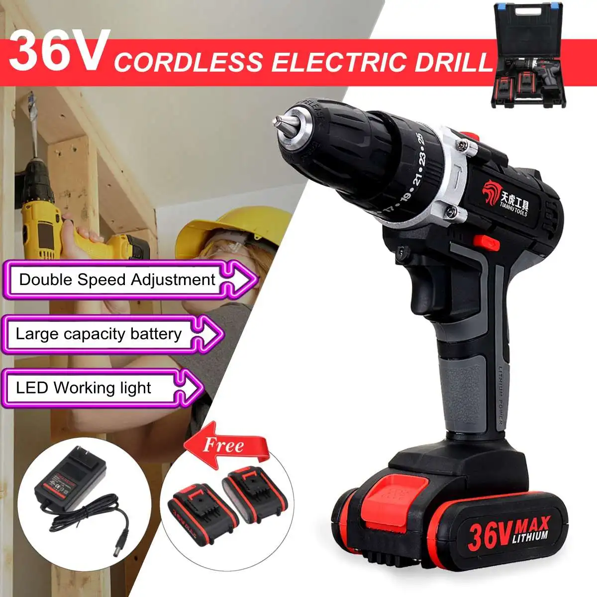 Buy 36V Electric Cordless Drill Double Speed Adjustment LED lighting Electric