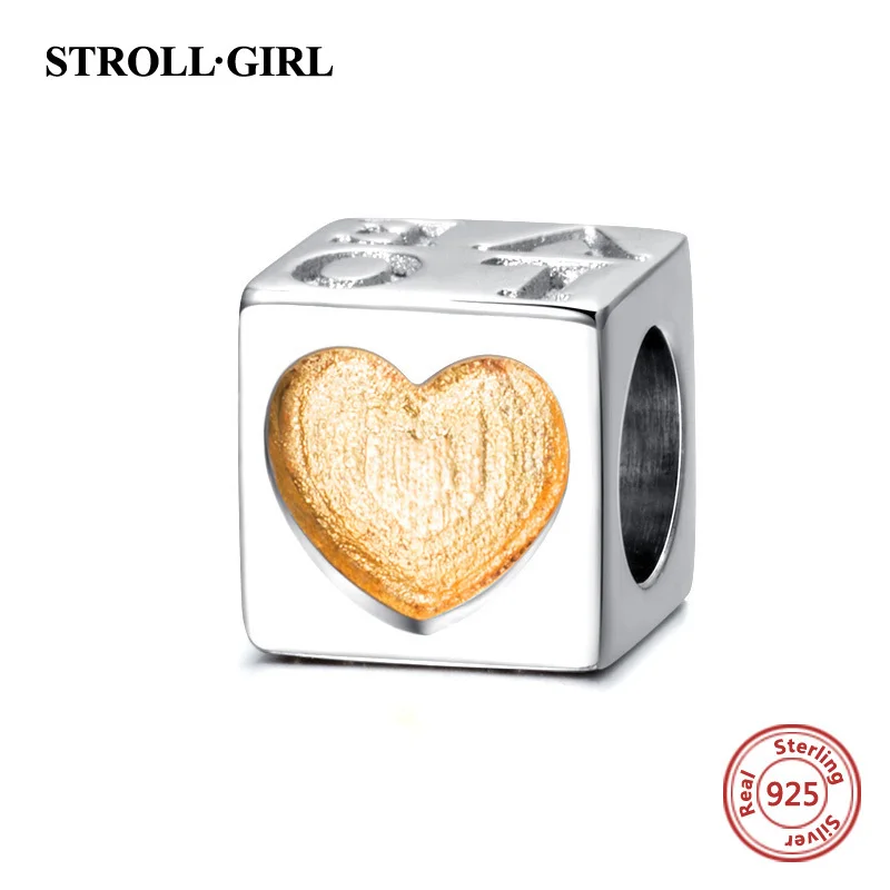 

925 sterling silver Square-shape Charms Beads with Gold love heart fit European bracelets fashion jewelry Making for women gift