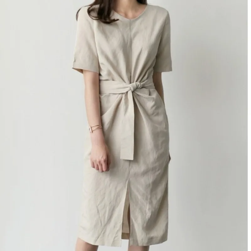 

TVVOVVIN 2019 Summer New Casual Bow T Shirt Loose Round Neck Natural Waist Vintage Fashion Women Dress Korea Dresses AS868